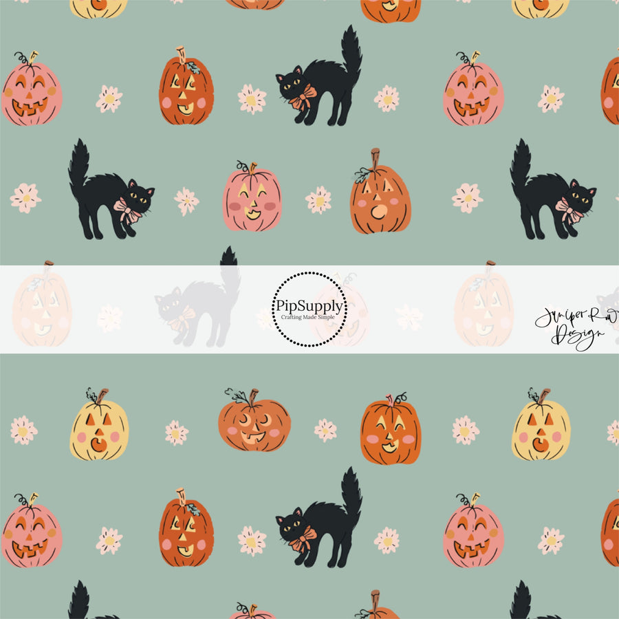 These Halloween themed pattern fabric by the yard features the following design elements: black cats and pumpkins on light blue. This fun spooky themed fabric can be used for all your sewing and crafting needs!