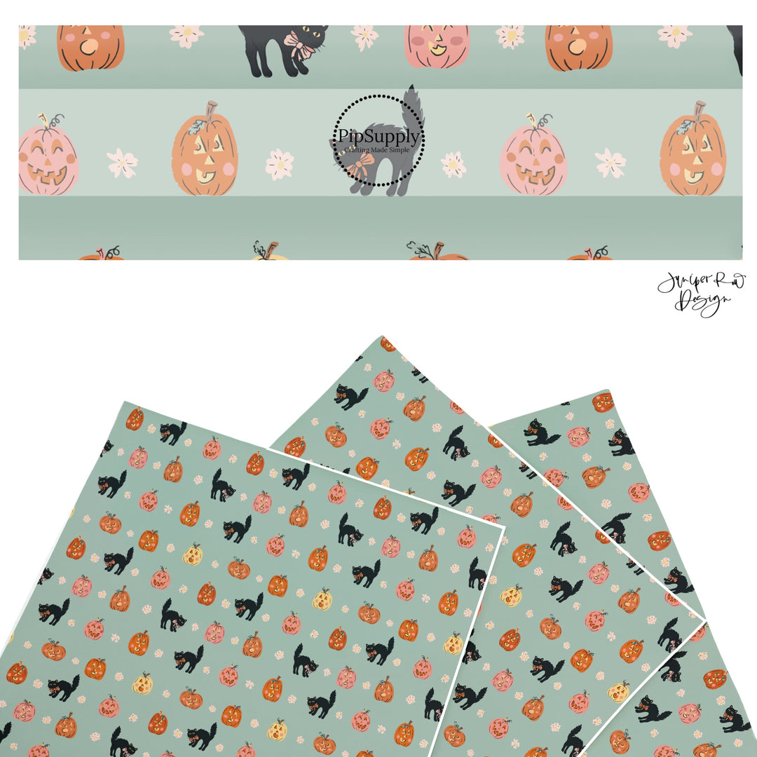 These Halloween themed pattern faux leather sheets contain the following design elements: black cats and pumpkins on light blue. Our CPSIA compliant faux leather sheets or rolls can be used for all types of crafting projects.