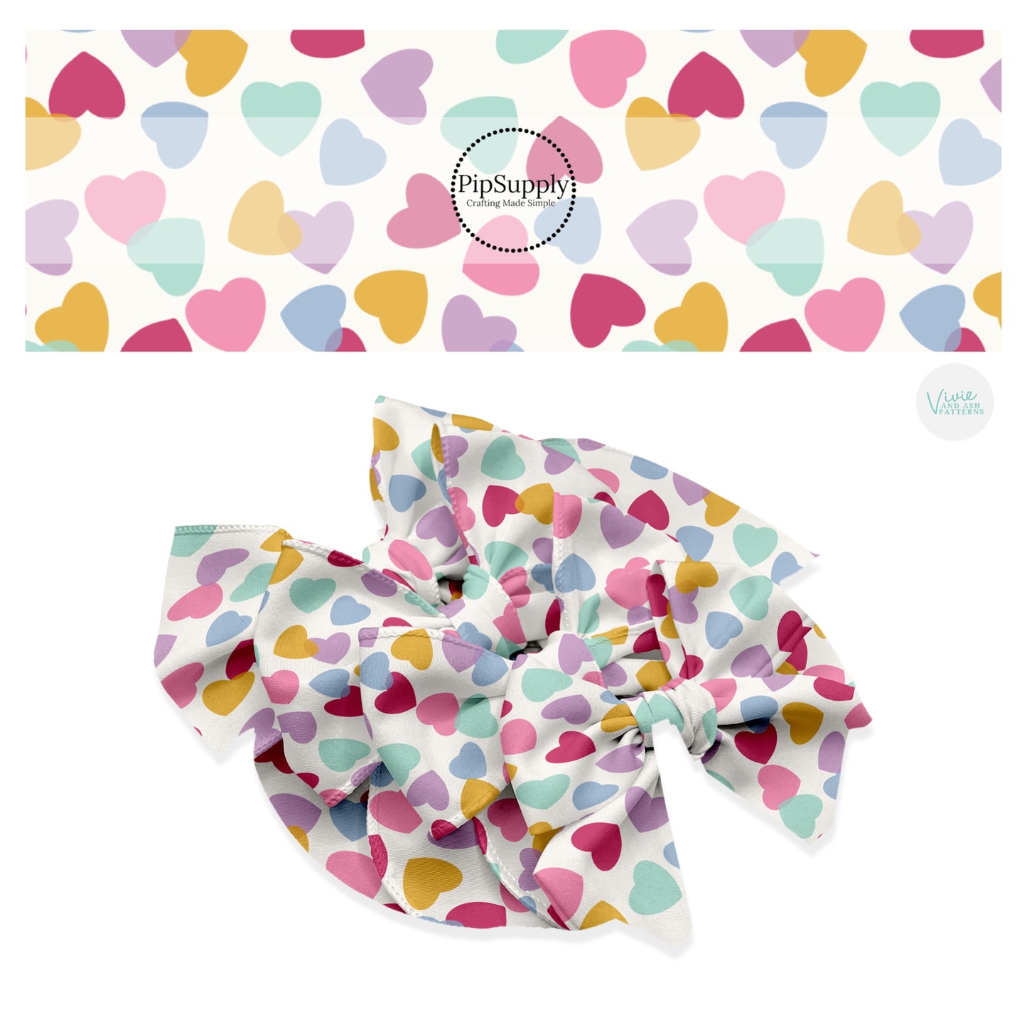 Purple, pink, blue, yellow, and green hearts on cream hair bow strips