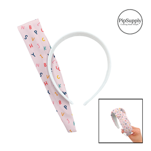 Tiny colorful letters on light pink knotted headband kit
