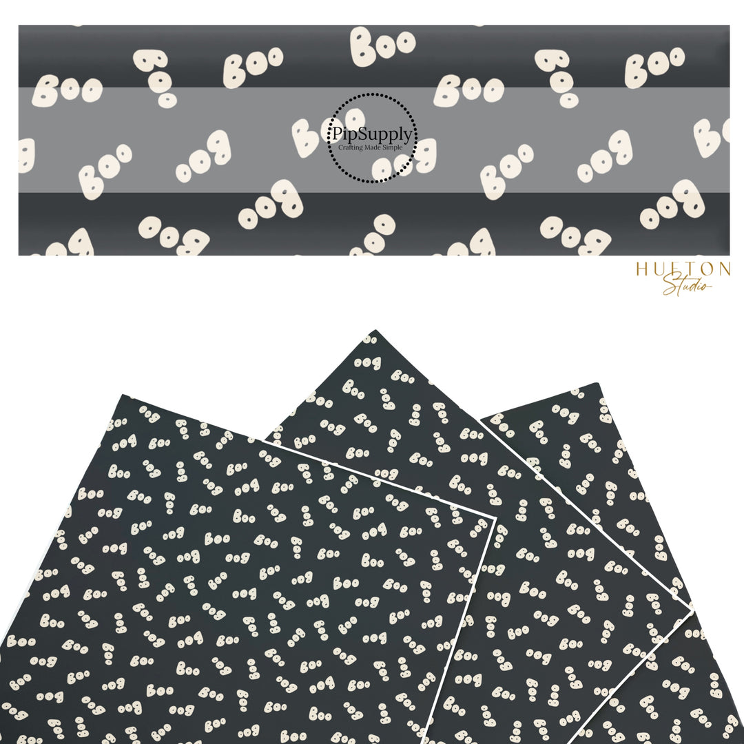 These Halloween themed pattern faux leather sheets contain the following design elements: cream "BOO" on black. Our CPSIA compliant faux leather sheets or rolls can be used for all types of crafting projects.