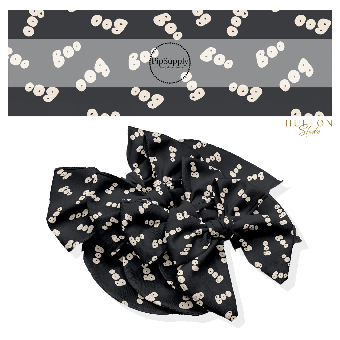 These Halloween themed no sew bow strips can be easily tied and attached to a clip for a finished hair bow. These fun spooky patterned bow strips are great for personal use or to sell. These bow strips feature the following design elements: cream "BOO" on black.