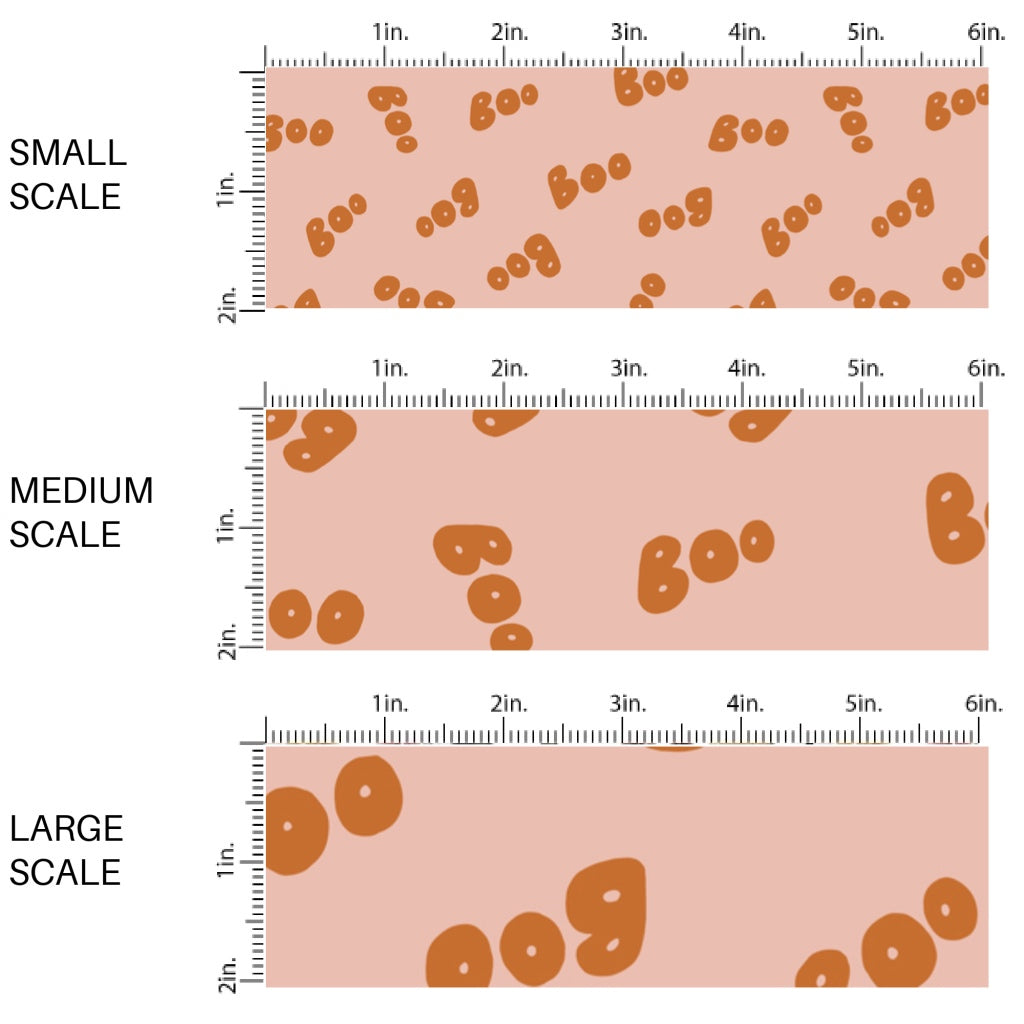 This scale chart of small scale, medium scale, and large scale of these Halloween themed pattern fabric by the yard features the following design elements: orange "BOO" on light pink. This fun spooky themed fabric can be used for all your sewing and crafting needs!