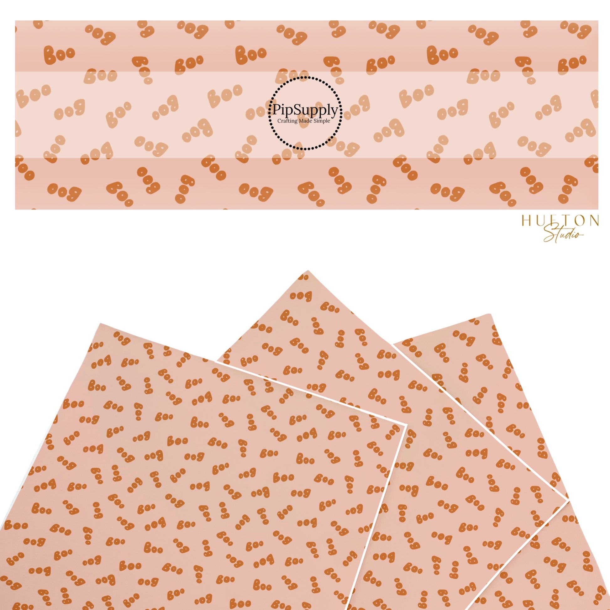 These Halloween themed pattern faux leather sheets contain the following design elements: orange "BOO" on light pink. Our CPSIA compliant faux leather sheets or rolls can be used for all types of crafting projects.