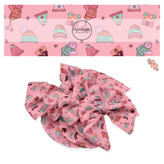Scattered winter hats with stars on pink hair bow strips
