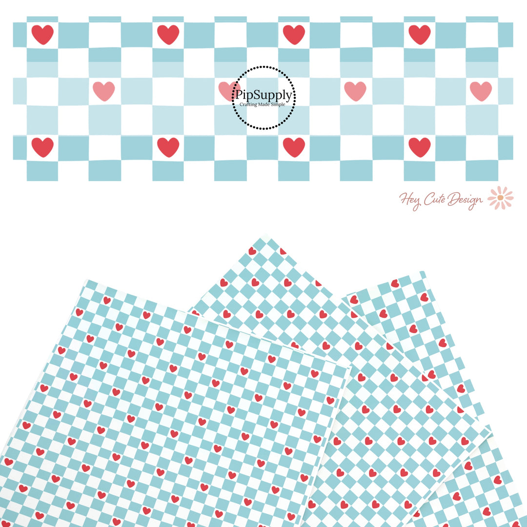 These holiday faux leather sheets contain the following design elements: blue and white checker pattern with red hearts. Our CPSIA compliant faux leather sheets or rolls can be used for all types of crafting projects.