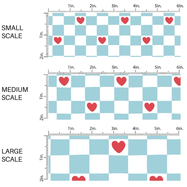 This holiday fabric by the yard features blue and white checker pattern with red hearts. This festive pattern fabric can be used for all your sewing and crafting needs!