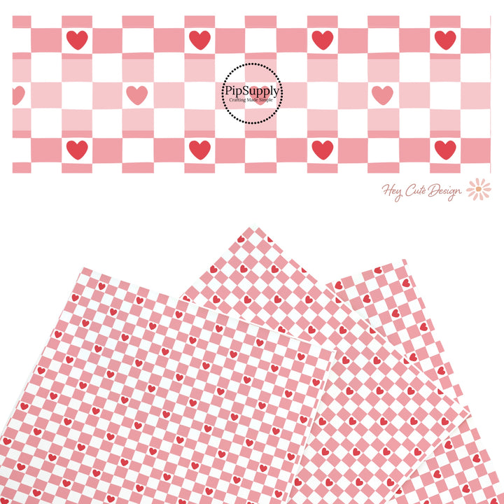 These holiday faux leather sheets contain the following design elements: pink and white checker pattern with red hearts. Our CPSIA compliant faux leather sheets or rolls can be used for all types of crafting projects.