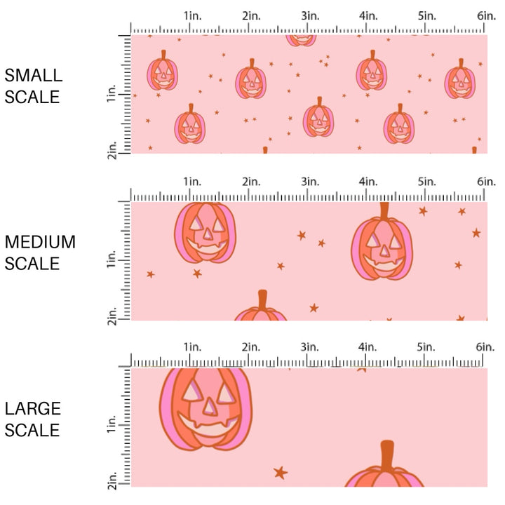 These Halloween themed pattern fabric by the yard features the following design elements: colorful pumpkins on pink. This fun spooky themed fabric can be used for all your sewing and crafting needs!