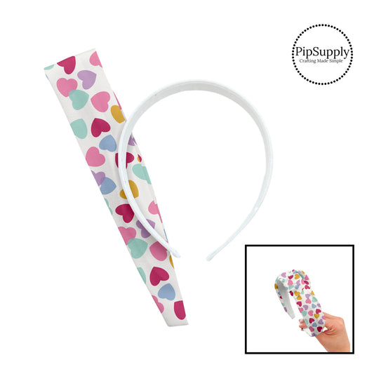 Big pink, blue, magenta, purple, yellow, and green hearts on white knotted headband kit
