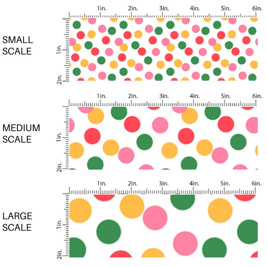 This scale chart of small scale, medium scale, and large scale of this summer fabric by the yard features pink, yellow, and green dots on white. This fun themed fabric can be used for all your sewing and crafting needs!