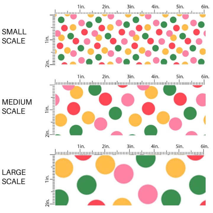 This scale chart of small scale, medium scale, and large scale of this summer fabric by the yard features pink, yellow, and green dots on white. This fun themed fabric can be used for all your sewing and crafting needs!