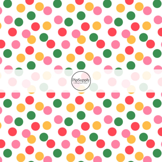 This summer fabric by the yard features pink, yellow, and green dots on white. This fun themed fabric can be used for all your sewing and crafting needs!