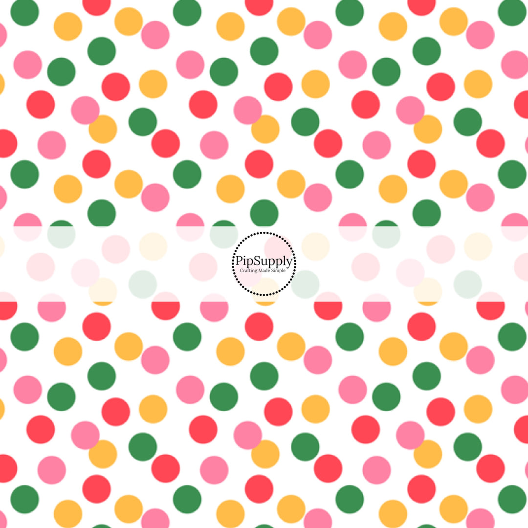 This summer fabric by the yard features pink, yellow, and green dots on white. This fun themed fabric can be used for all your sewing and crafting needs!