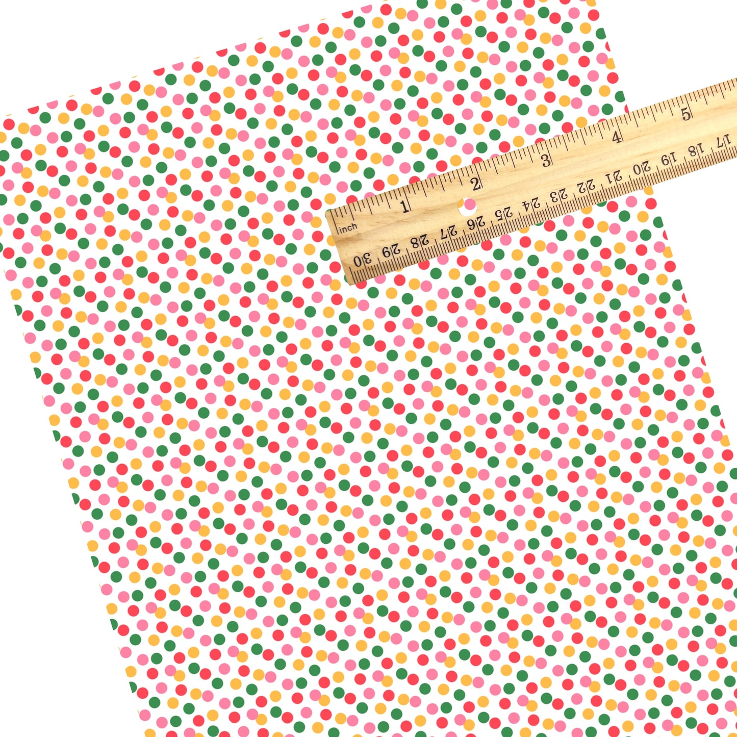 These summer faux leather sheets contain the following design elements: pink, yellow, and green dots on white. Our CPSIA compliant faux leather sheets or rolls can be used for all types of crafting projects.