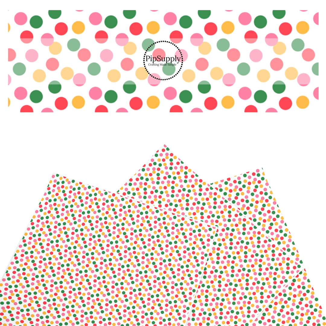 These summer faux leather sheets contain the following design elements: pink, yellow, and green dots on white. Our CPSIA compliant faux leather sheets or rolls can be used for all types of crafting projects.