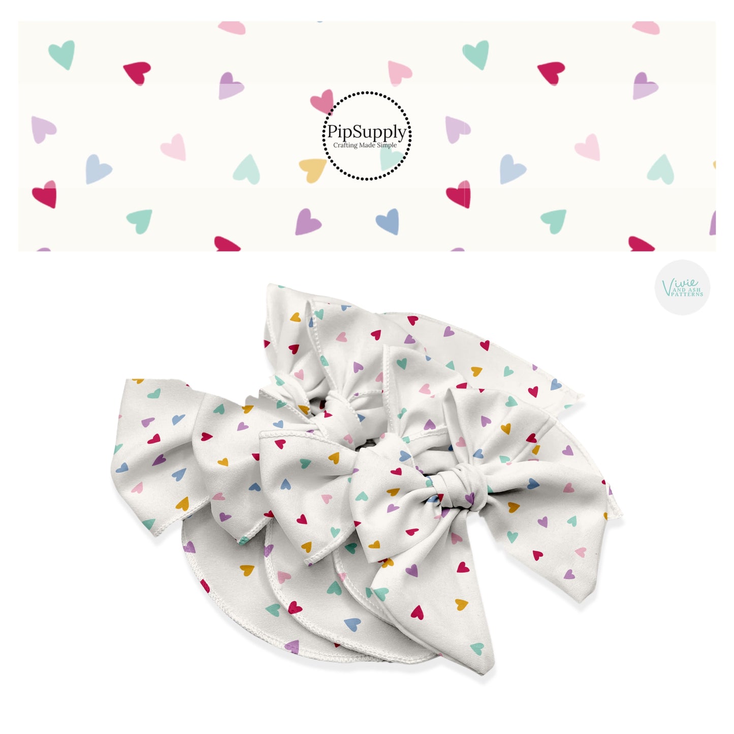 Pink, red, blue, green, and yellow hearts on cream hair bow strips