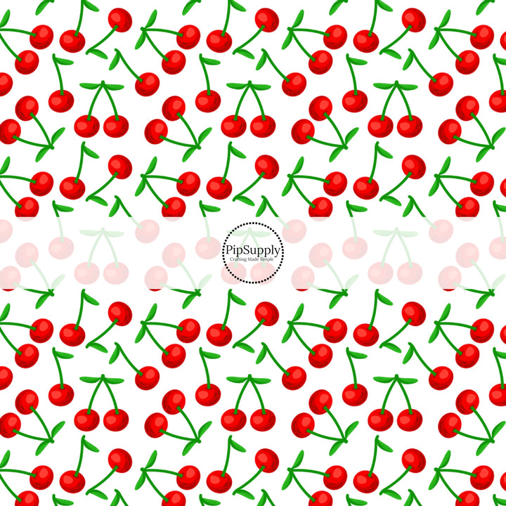 These fruit and flower themed fabric by the yard features scattered cherries. This fun pattern fabric can be used for all your sewing and crafting needs!