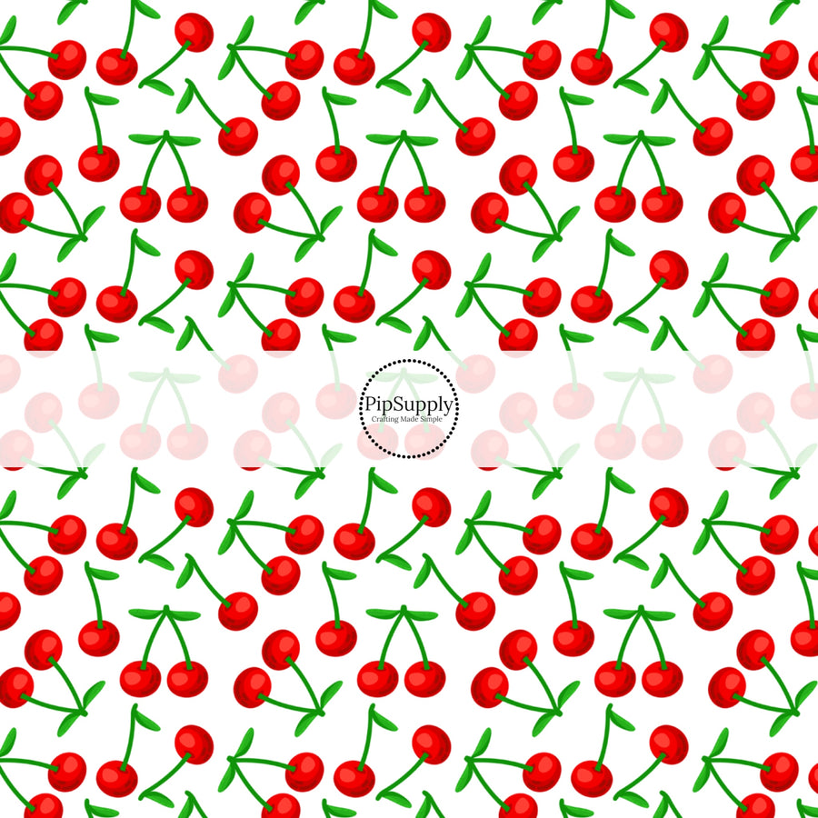 These fruit and flower themed fabric by the yard features scattered cherries. This fun pattern fabric can be used for all your sewing and crafting needs!