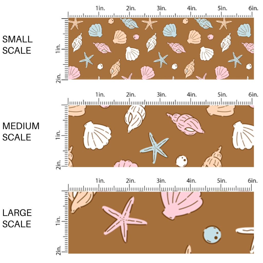 This scale chart of small scale, medium scale, and large scale of this beach fabric by the yard features seashells on brown. This fun summer themed fabric can be used for all your sewing and crafting needs!