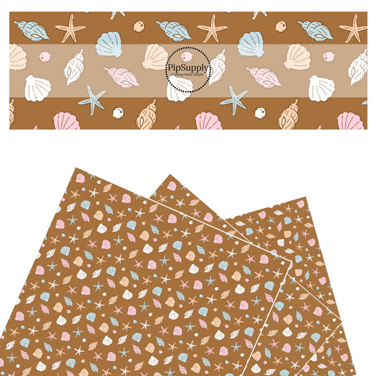 These beach faux leather sheets contain the following design elements: seashells on brown. Our CPSIA compliant faux leather sheets or rolls can be used for all types of crafting projects.