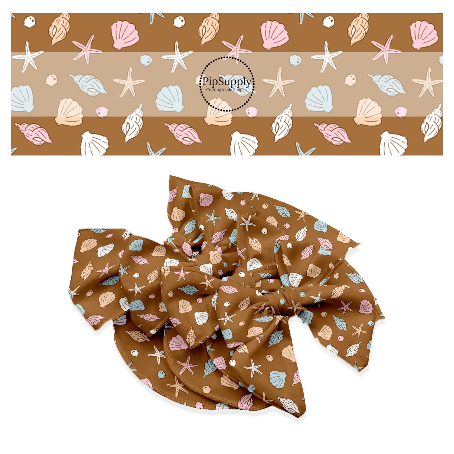 These beach themed no sew bow strips can be easily tied and attached to a clip for a finished hair bow. These summer patterned bow strips are great for personal use or to sell. These bow strips feature seashells on brown.