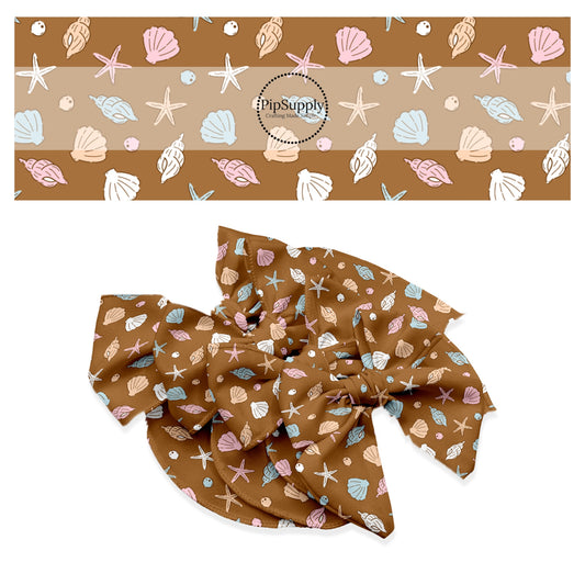 These beach themed no sew bow strips can be easily tied and attached to a clip for a finished hair bow. These summer patterned bow strips are great for personal use or to sell. These bow strips feature seashells on brown.