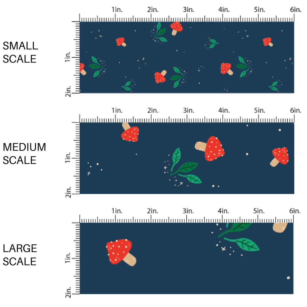 Red Mushrooms and Green Sprigs on Navy Blue Fabric by the Yard scaled image guide.