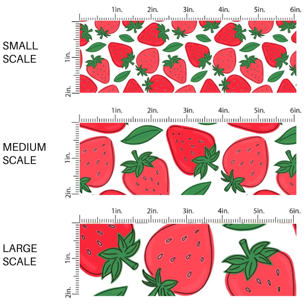 This scale chart of small scale, medium scale, and large scale of this summer fabric by the yard features strawberries on white. This fun themed fabric can be used for all your sewing and crafting needs!