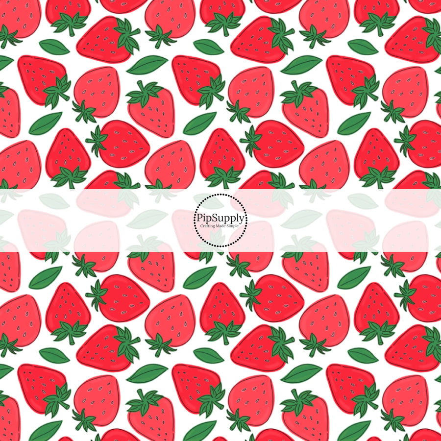 This summer fabric by the yard features strawberries on white. This fun themed fabric can be used for all your sewing and crafting needs!