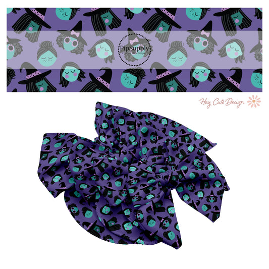 Blue multi witches on purple hair bow strips