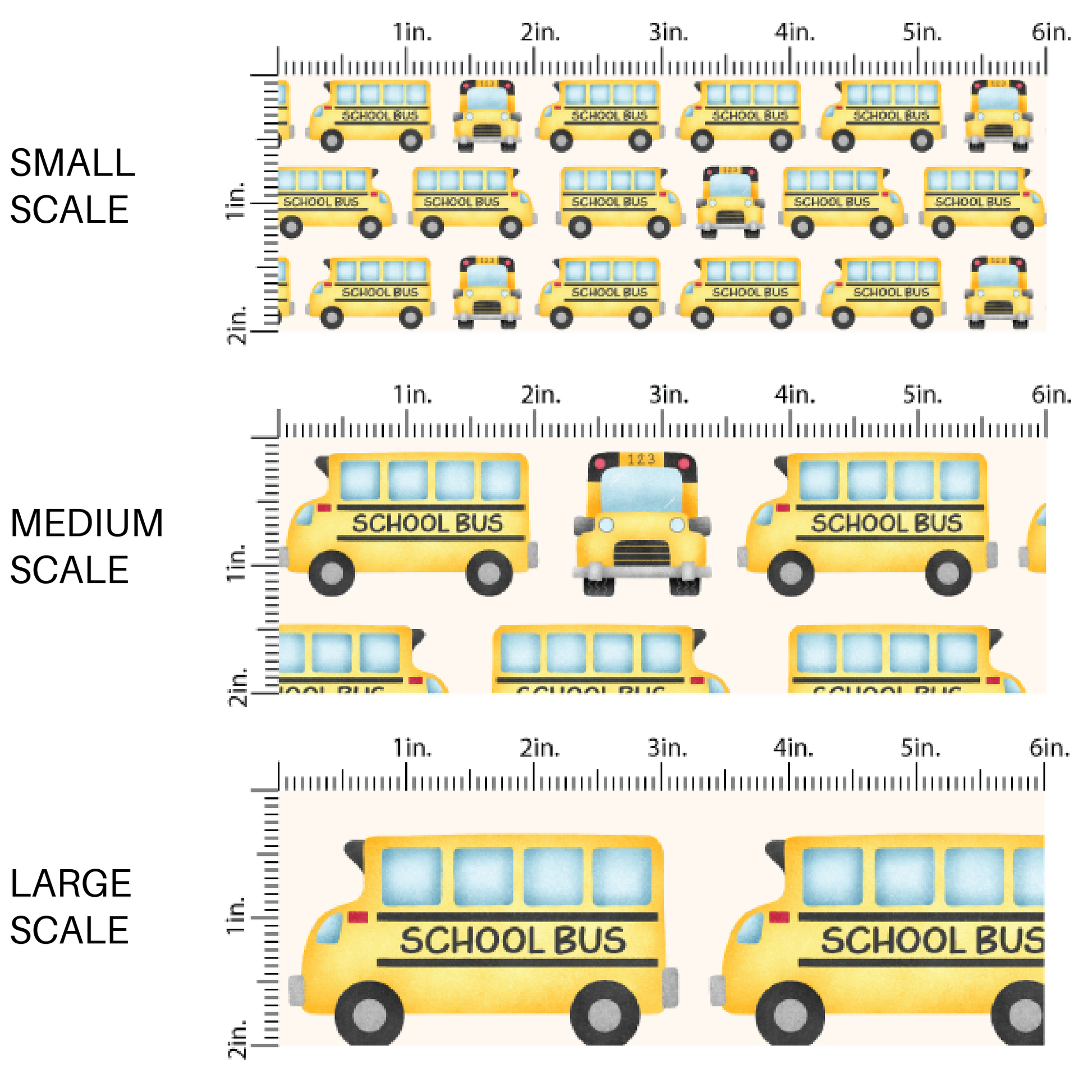 This scale chart of small scale, medium scale, and large scale of these fall school themed cream fabric by the yard features school buses on cream. This fun fall themed fabric can be used for all your sewing and crafting needs! 