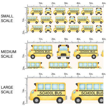 This scale chart of small scale, medium scale, and large scale of these fall school themed cream fabric by the yard features school buses on cream. This fun fall themed fabric can be used for all your sewing and crafting needs! 