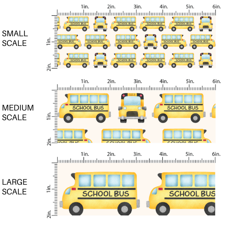 This scale chart of small scale, medium scale, and large scale of these fall school themed cream fabric by the yard features school buses on cream. This fun fall themed fabric can be used for all your sewing and crafting needs! 