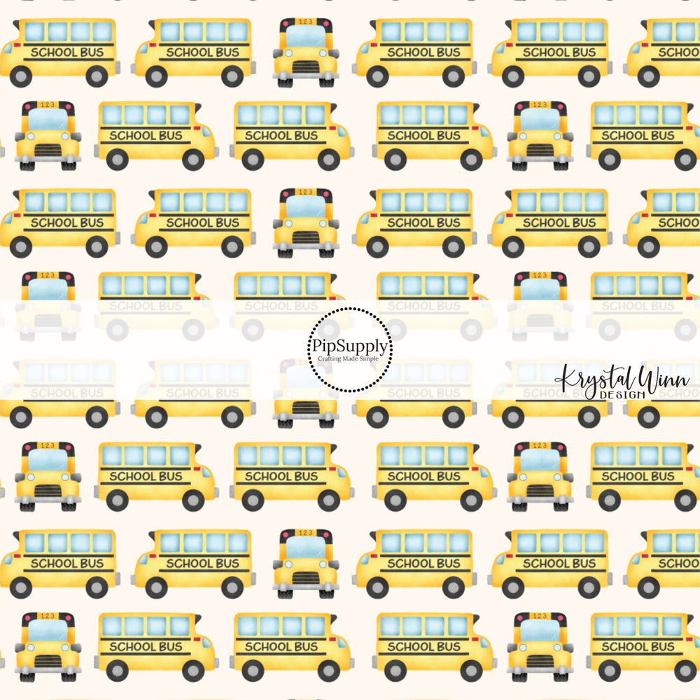 These fall school themed cream no sew bow strips can be easily tied and attached to a clip for a finished hair bow. These fun fall bow strips are great for personal use or to sell. The bow strips features school buses on cream.