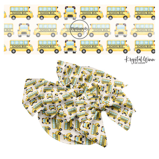 These fall school themed cream no sew bow strips can be easily tied and attached to a clip for a finished hair bow. These fun fall bow strips are great for personal use or to sell. The bow strips features school buses on cream.