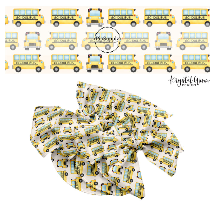 These fall school themed cream no sew bow strips can be easily tied and attached to a clip for a finished hair bow. These fun fall bow strips are great for personal use or to sell. The bow strips features school buses on cream.