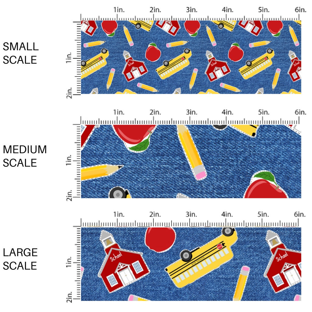 This scale chart of small scale, medium scale, and large scale of this school supply fabric by the yard features school buses, schools, pencils, and apples on blue. This fun themed fabric can be used for all your sewing and crafting needs!