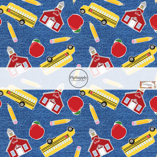 This school supply fabric by the yard features school buses, schools, pencils, and apples on blue. This fun themed fabric can be used for all your sewing and crafting needs!