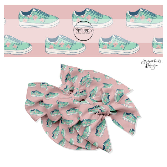 Aqua shoes with pink flowers on pink rose bow strips