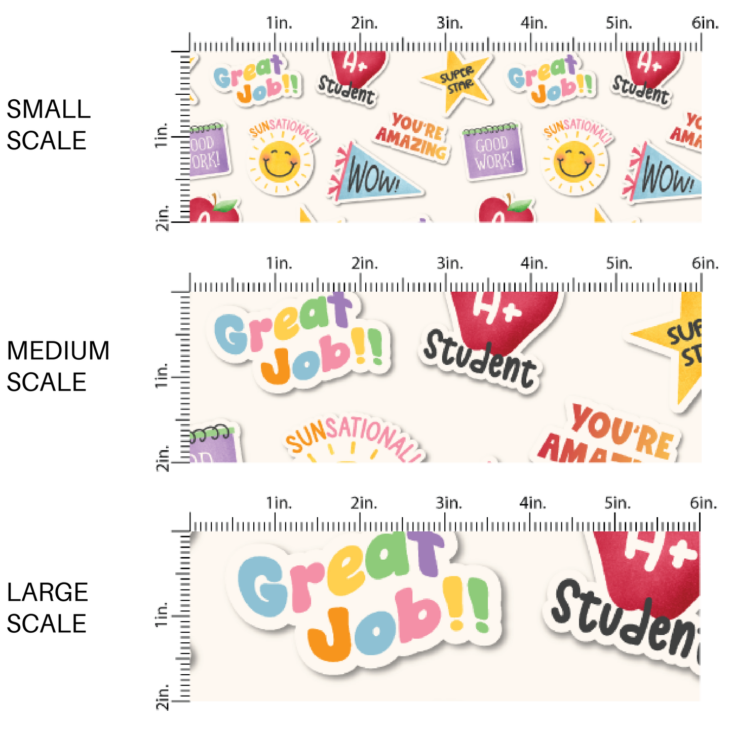This scale chart of small scale, medium scale, and large scale of these fall school themed cream fabric by the yard features books, pennant flags, stars, apples, and encouraging sayings. This fun fall themed fabric can be used for all your sewing and crafting needs! 