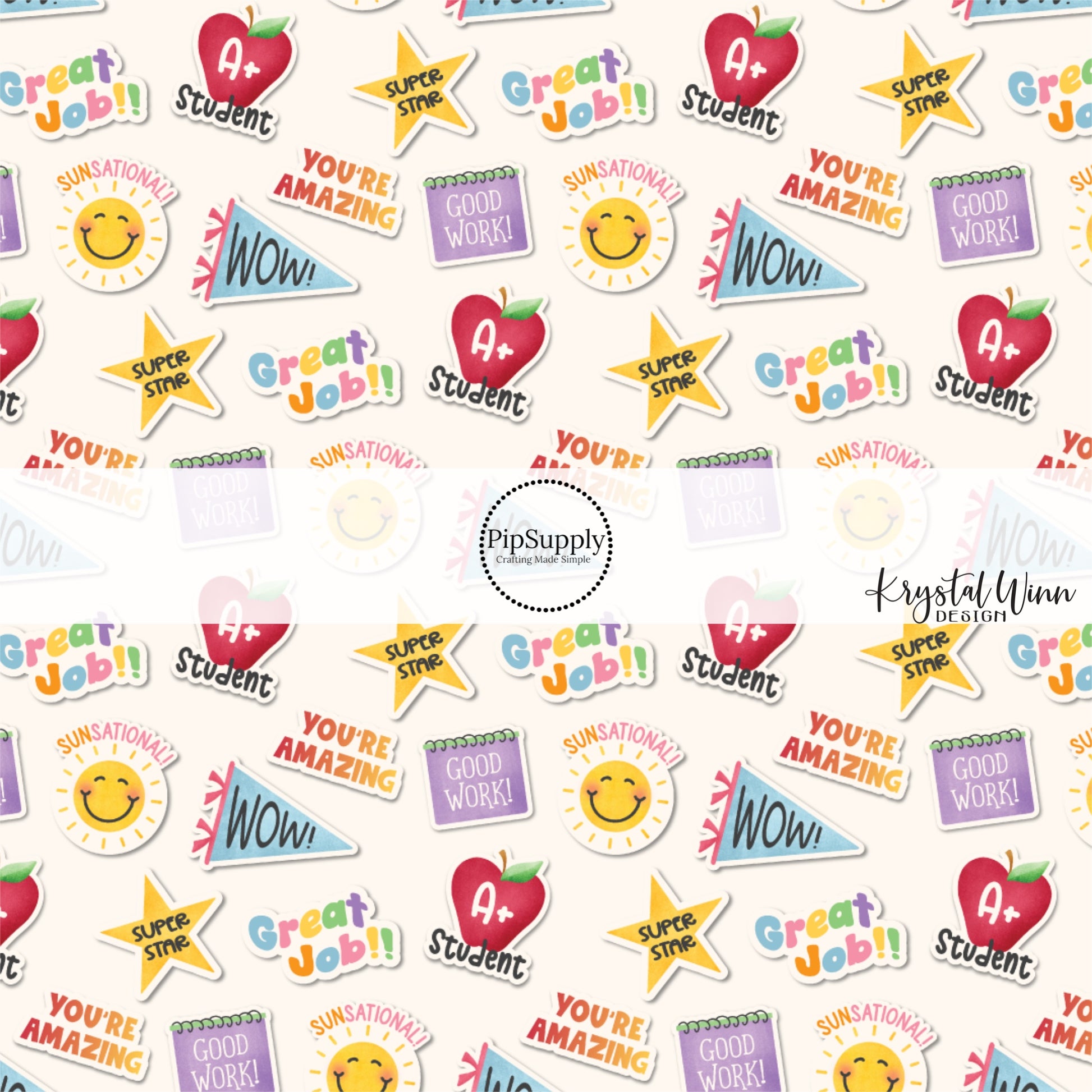 These fall school themed cream fabric by the yard features books, pennant flags, stars, apples, and encouraging sayings. This fun fall themed fabric can be used for all your sewing and crafting needs! 