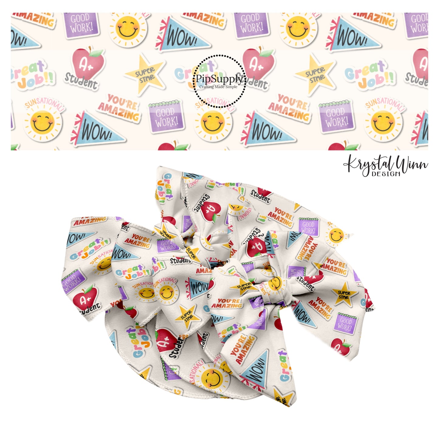 These fall school themed cream no sew bow strips can be easily tied and attached to a clip for a finished hair bow. These fun fall bow strips are great for personal use or to sell. The bow strips features books, pennant flags, stars, apples, and encouraging sayings.