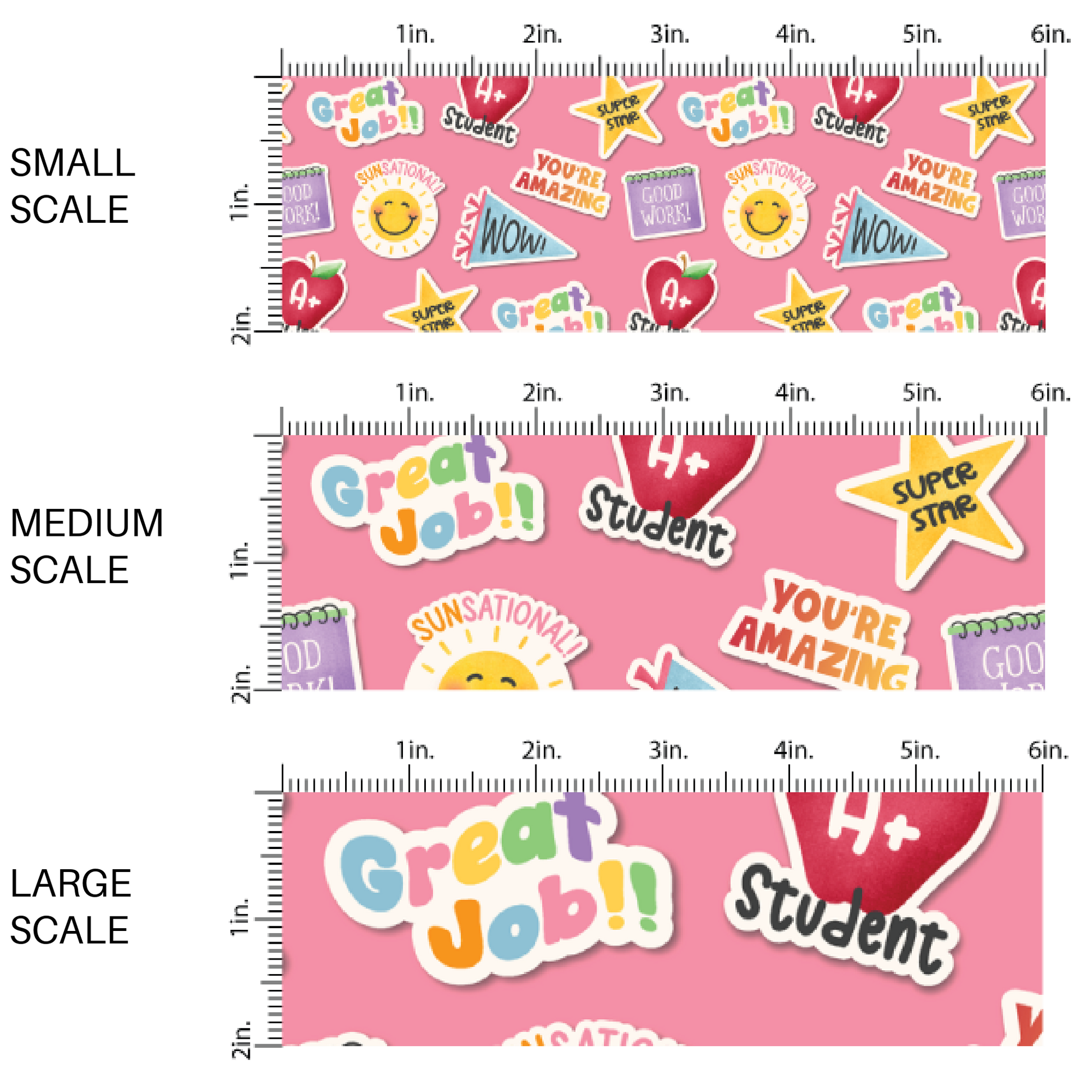 This scale chart of small scale, medium scale, and large scale of these fall school themed light pink fabric by the yard features books, pennant flags, stars, apples, and encouraging sayings. This fun fall themed fabric can be used for all your sewing and crafting needs! 