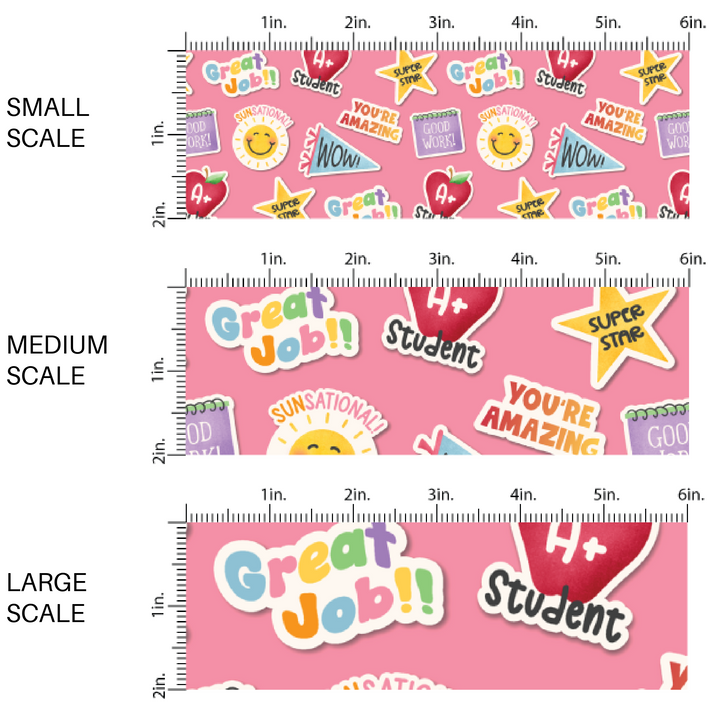 This scale chart of small scale, medium scale, and large scale of these fall school themed light pink fabric by the yard features books, pennant flags, stars, apples, and encouraging sayings. This fun fall themed fabric can be used for all your sewing and crafting needs! 