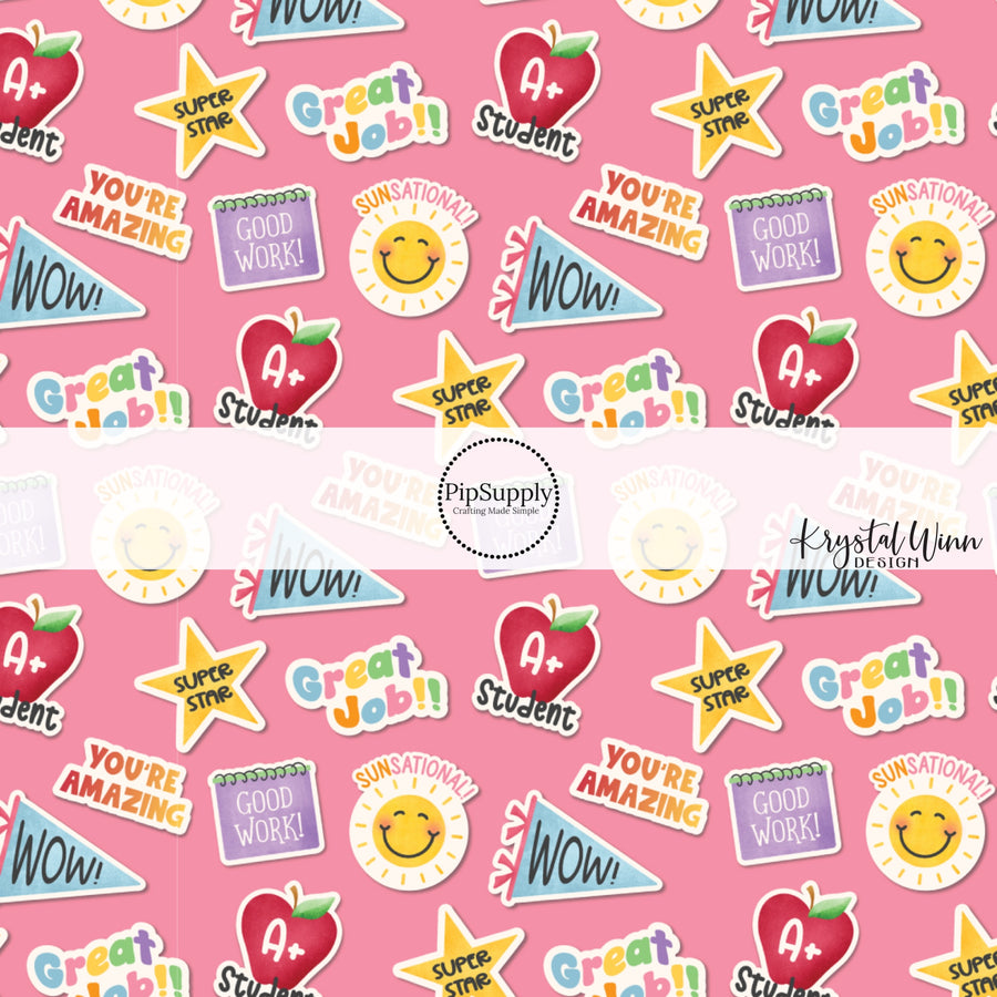 These fall school themed light pink fabric by the yard features books, pennant flags, stars, apples, and encouraging sayings. This fun fall themed fabric can be used for all your sewing and crafting needs! 