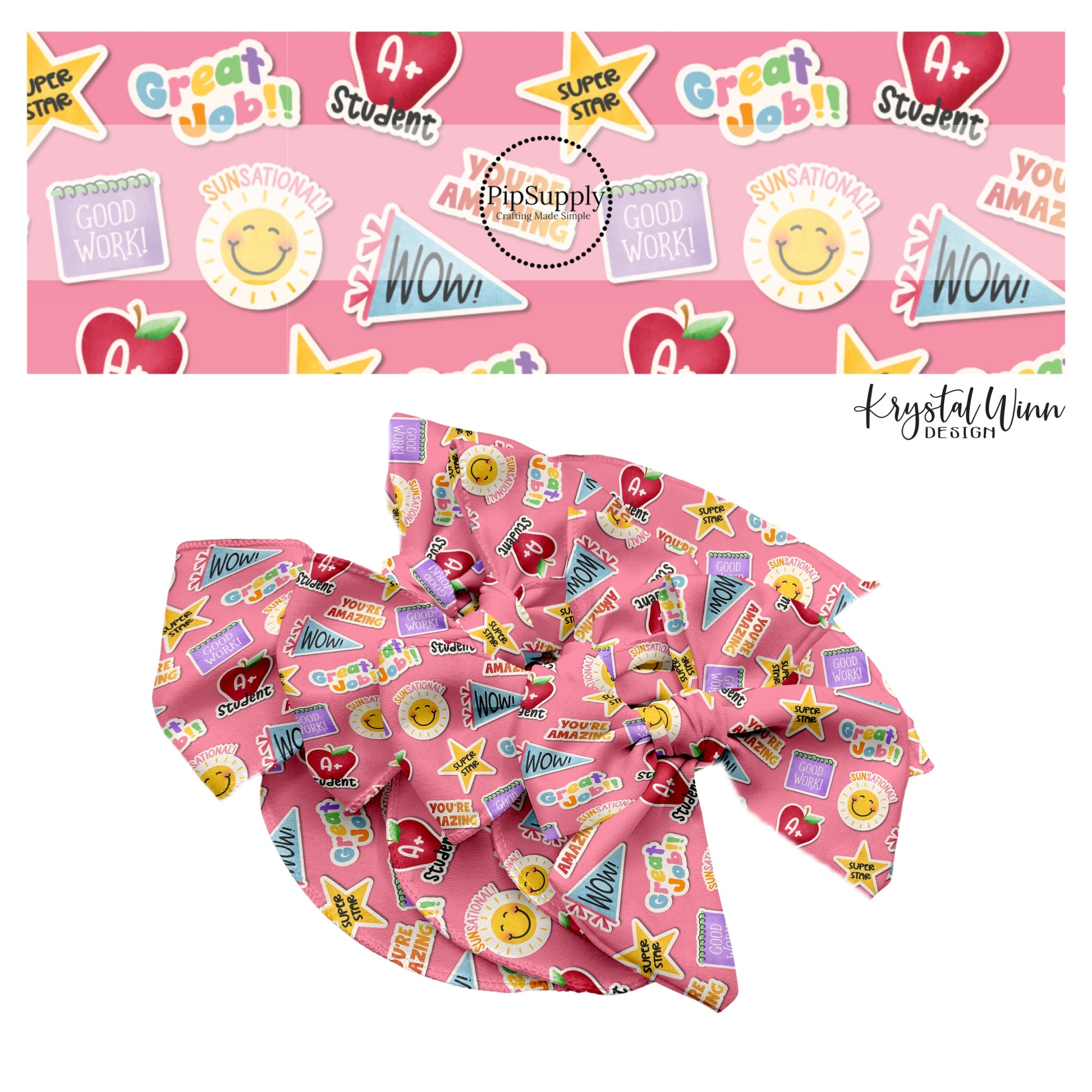 These fall school themed pink no sew bow strips can be easily tied and attached to a clip for a finished hair bow. These fun fall bow strips are great for personal use or to sell. The bow strips features books, pennant flags, stars, apples, and encouraging sayings.