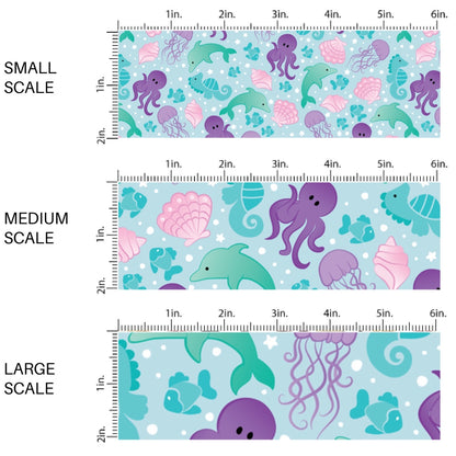 This scale chart of small scale, medium scale, and large scale of this ocean fabric by the yard features sea creatures on blue. This fun summer themed fabric can be used for all your sewing and crafting needs!