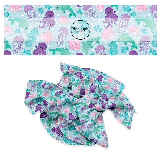 These ocean themed no sew bow strips can be easily tied and attached to a clip for a finished hair bow. These summer patterned bow strips are great for personal use or to sell. These bow strips feature sea creatures on blue.