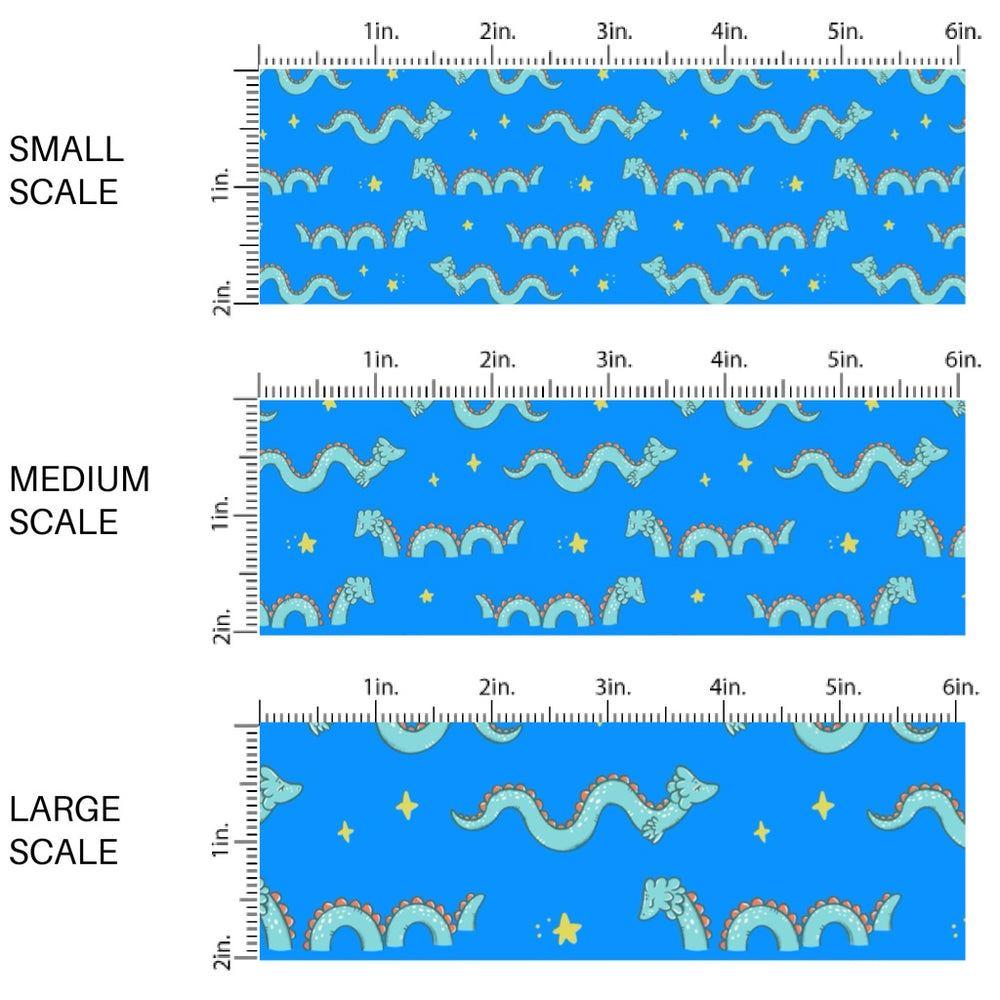 These bright ocean themed fabric by the yard features sea monsters on blue. This fun pattern fabric can be used for all your sewing and crafting needs!